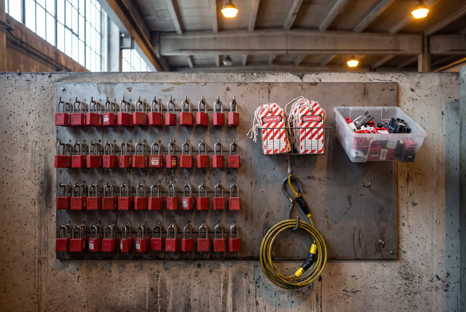 A lockout station board with rows of red safety padlocks, danger tags and breaker lockouts